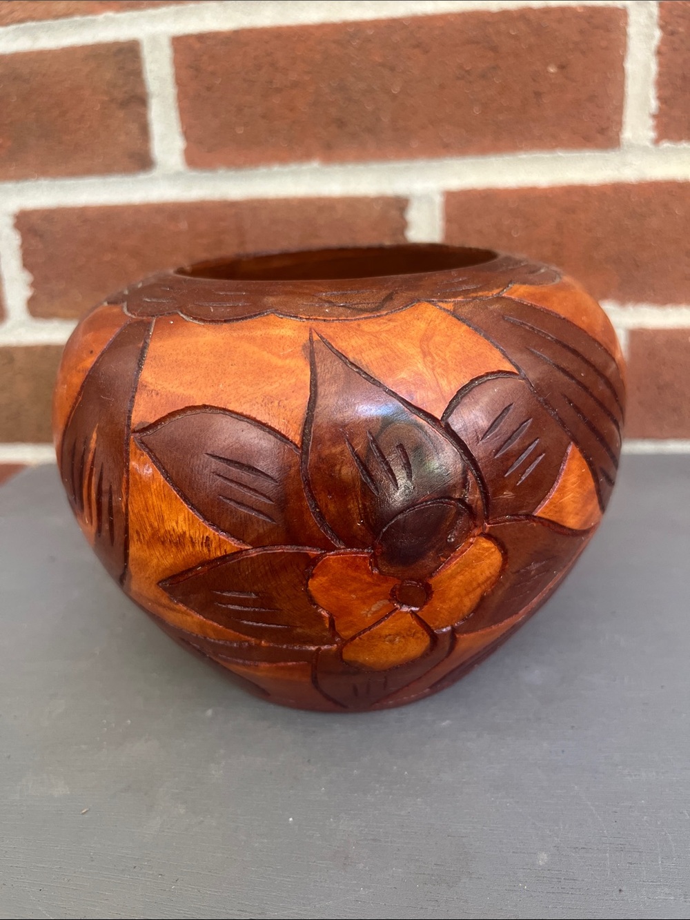 Vintage Hand-Carved Turned Wood Bowl Warm Brown Finish with Fish & Floral Design